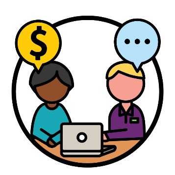 An NDIA worker and a participant having a conversation in front of a laptop. Above the participant is a dollar sign inside of a speech bubble. Above the NDIA worker there is a speech bubble.