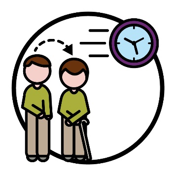 A person with an arrow pointing to them with a walking cane. Above them is a clock with 3 lines to show speed.