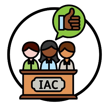 3 people behind a bench that says IAC. Above them is a thumbs up inside of a speech bubble.