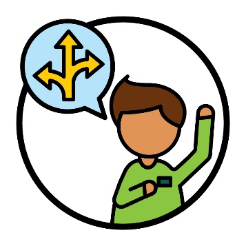 A person raising their hand and pointing to themselves with their other hand. Above them is a speech bubble that shows an arrow pointing in 3 different directions.