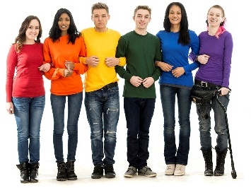A group of people with different genders. They are linking arms and wearing the colours of the rainbow.