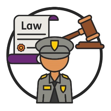 Justice system icon with a law document, a police officer and a gavel.