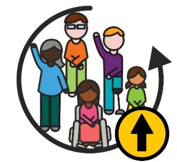A group of diverse people with an arrow curving around them and another arrow pointing up.
