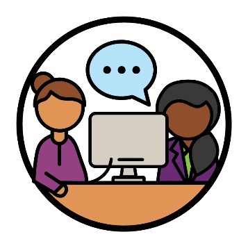 An NDIA worker behind a computer and next to a person. The NDIA worker has a speech bubble above them.