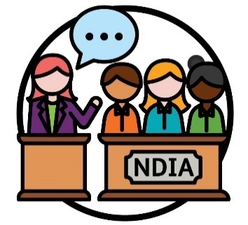 An icon of 3 people standing behind a platform saying NDIA. Beside them is an NDIA worker with a speech bubble behind their own platform.