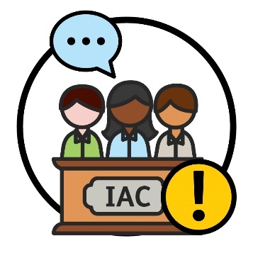 3 people behind a platform saying IAC with an important icon. A speech bubble is above the head of the middle person.