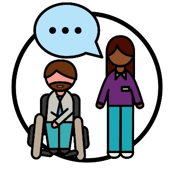 A man in a wheelchair next to an NDIA worker. The NDIA worker has a speech bubble above their head.