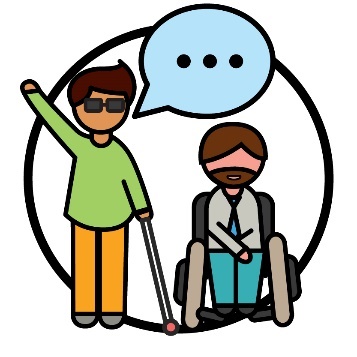 A man in a wheelchair next to a person wearing glasses and holding a cane. The person holding a cane has a speech bubble above their head.