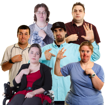 A group of people with disabilities pointing at themselves with their other hand raised. 