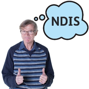 A man giving 2 thumbs up with a thought bubble that says 'NDIS'.