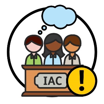 3 people behind a platform saying IAC with an important icon. There is a thought bubble above their heads.