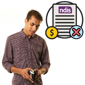 A man holding a wallet and an NDIS document with a dollar sign and cross icon.