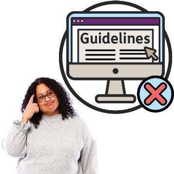 A woman thinking and a website icon with a guidelines document opened and cross icon.