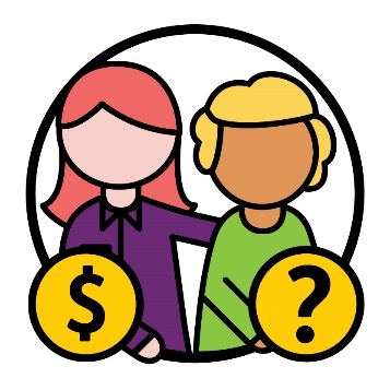 An NDIS working supporting a woman with a dollar sign and question mark icon.