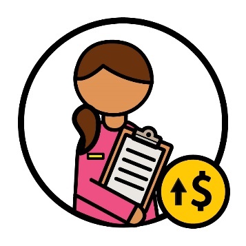 An ILO support holding a clipboard and a dollar sign icon with an arrow pointing up.