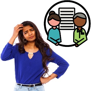 A woman touching her head and looking confused. Next to her is a support coordinator icon.