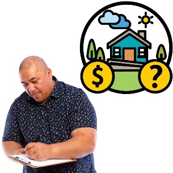 A man writing on a document. Above him is a Specialist Disability Accommodation house with a dollar sign and question mark icon.