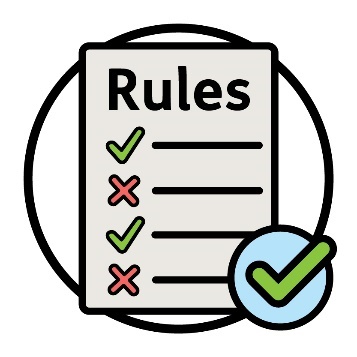 Rules document with a list of ticks and crosses. Next to the document is a tick icon.