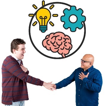 2 men greeting each other and shaking hands. Above them are three icons of intellectual disability - a lightbulb, cogs and a brain.