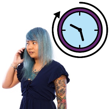 A person on the phone and a clock with an arrow curving around it.