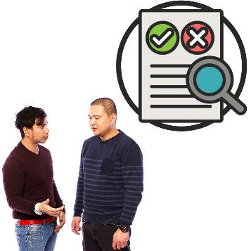 A man asking a man a question. Above them is a document with a tick, a cross an a review icon.