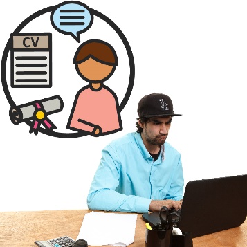 A man using a computer. Above him is an icon of a person, speech bubble, CV and a degree.