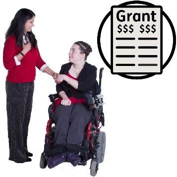 A woman greeting a woman in a wheelchair, next to them is a grant document.