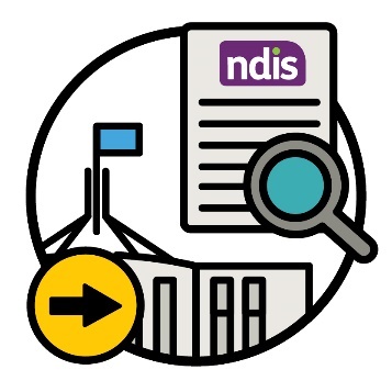 Parliament House next to an NDIS document with a review icon and an arrow pointing away.