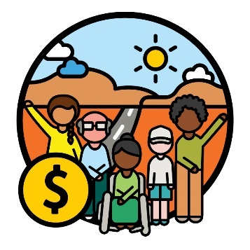 A group of diverse people in front of a rural landscape and a dollar sign icon.