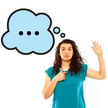 A woman pointing to herself and raising her other hand. Above her is a thought bubble.