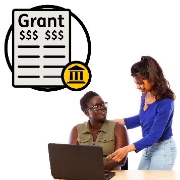 A woman supporting a person use a computer. Above them is a grant document and a government icon.