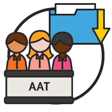 Three people standing behind a platform with the words A A T. There is an icon of a folder, with a downward arrow on it.