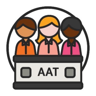 Three people standing behind a platform with the words A A T.