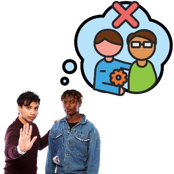 A person with their hand on someone else's shoulder and their other hand up saying stop. The other person has a thought bubble with a service provider inside it, and a cross. 