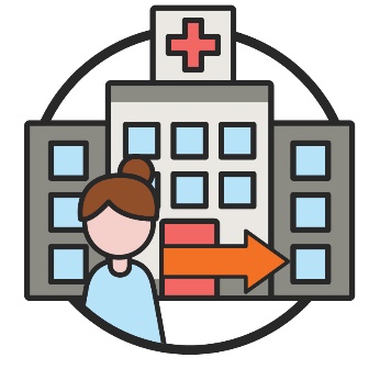 An icon of a person standing in front of a hospital, with an arrow leading out from the front door. 