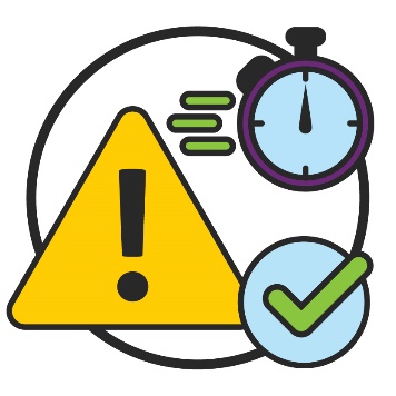 A warning symbol, with a tick on it showing it's been fixed. There is a clock above with speed lines next to it. 