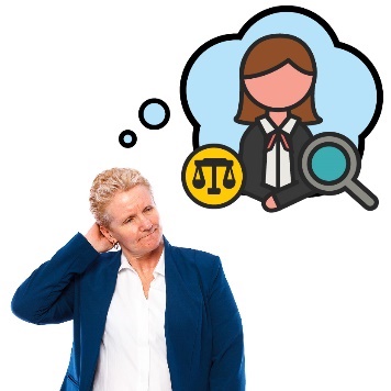 A person in a suit scratching their head. They have a thought bubble with a J L O inside it, next to a justice symbol and a find icon. 