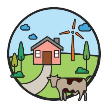 An icon of a house in the country, with a wind turbine and a cow. 