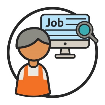 An icon of a person standing in front of a computer. There is a job open on the computer and a find icon next to it. 
