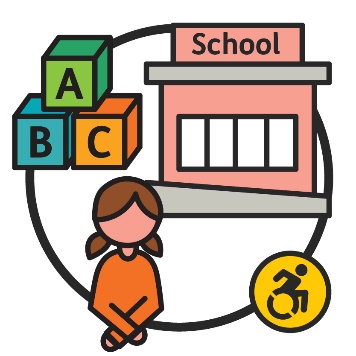 An icon of a school with toy blocks next to it. There is an icon of a child next to a disability icon. 
