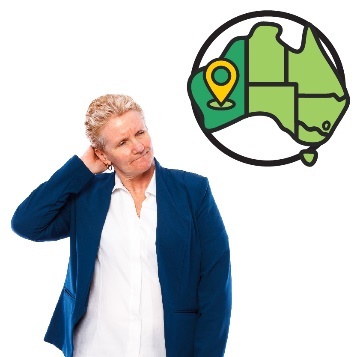 A person in a suit scratching their head. Above is a map of Australia with Western Australia highlighted. 