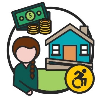 An icon of a person standing in front of a house with a disability icon on it. There is a money icon above their head. 