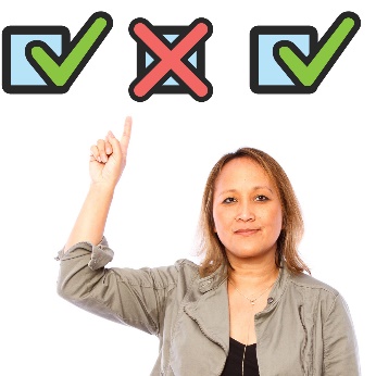 Three checkboxes, two of which are ticked and the other which has a red cross in it. A person has their finger raised, pointing at the box with the red cross. 
