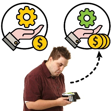 A person looking at their wallet. Above is an icon showing services with a single money icon. There is also an icon showing services with many money icons. An arrow is pointing from the person to the expensive services icon. 