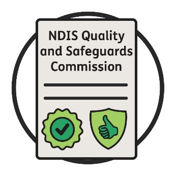 An icon of the N D I S Commission, showing a document with a stamp of approval and a safety icon on it. 