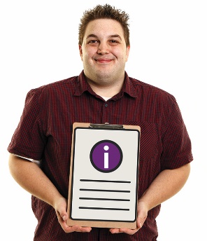 A person holding a clipboard with an information icon in it. 
