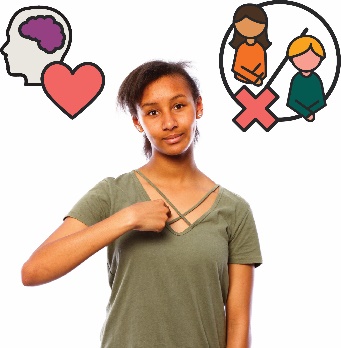 A person pointing at themselves. Above is a feeling icon, showing a brain and a heart. There is also an icon of male and female presenting people with a cross next to them. 