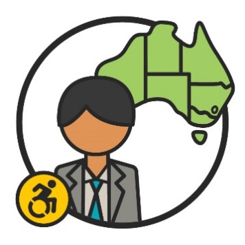 An icon of a person standing next to a map of Australia. There is a disability icon nearby.