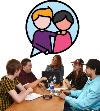 A co-design group with a speech bubble above them. Inside the speech bubble is a person supporting someone with disability.