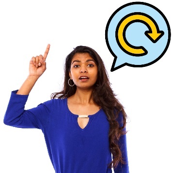 A person with their hand raised. They have a speech bubble with an update icon in it.